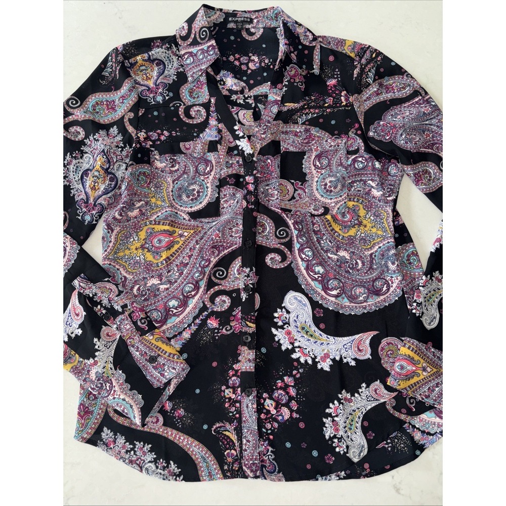 Express Womens XS Black Button Up‎ Blouse Roll Tab Sleeve Portifino Paisley